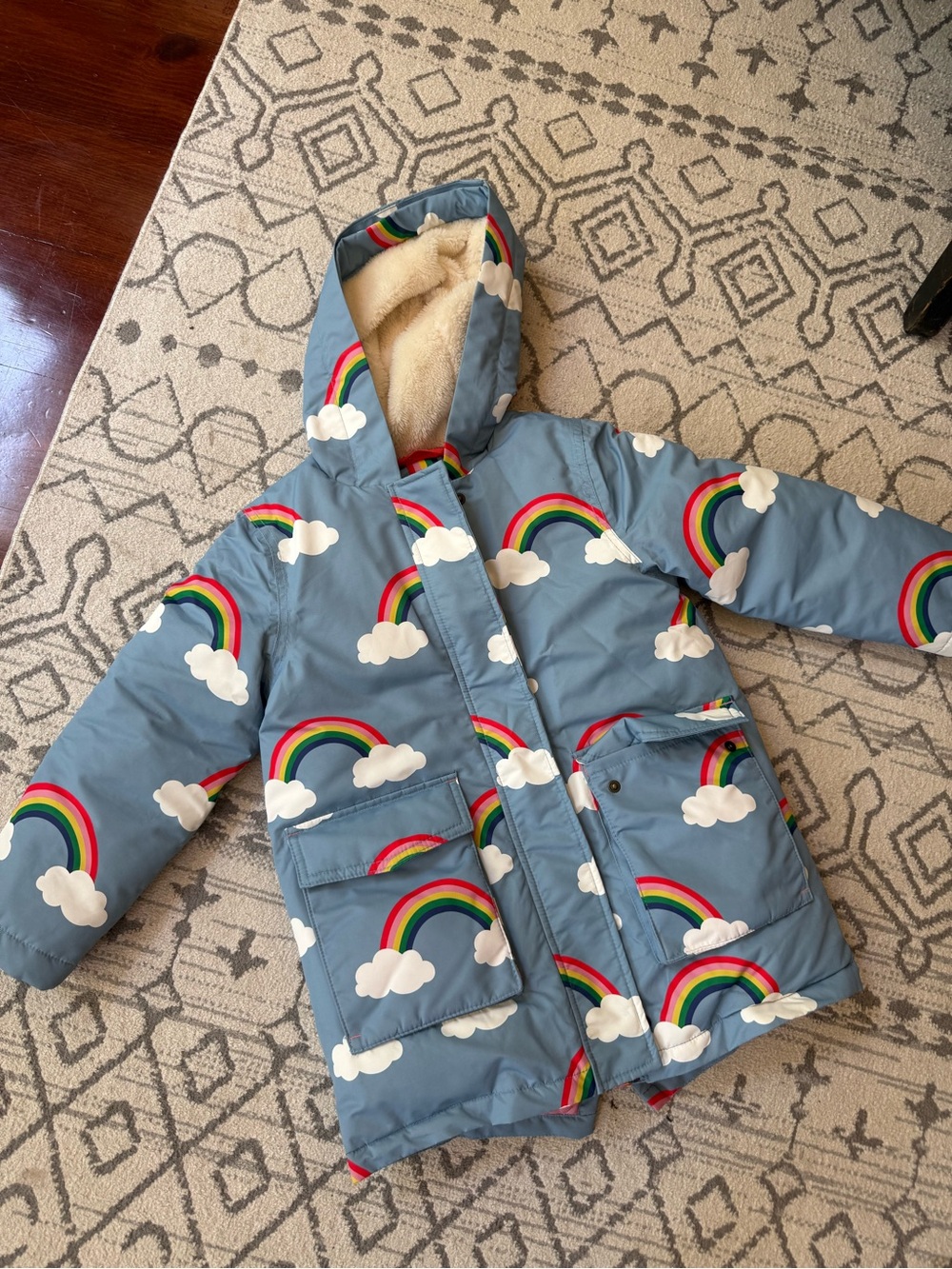 Mini Boden Blue Rainbow Cloud Puffer Jacket